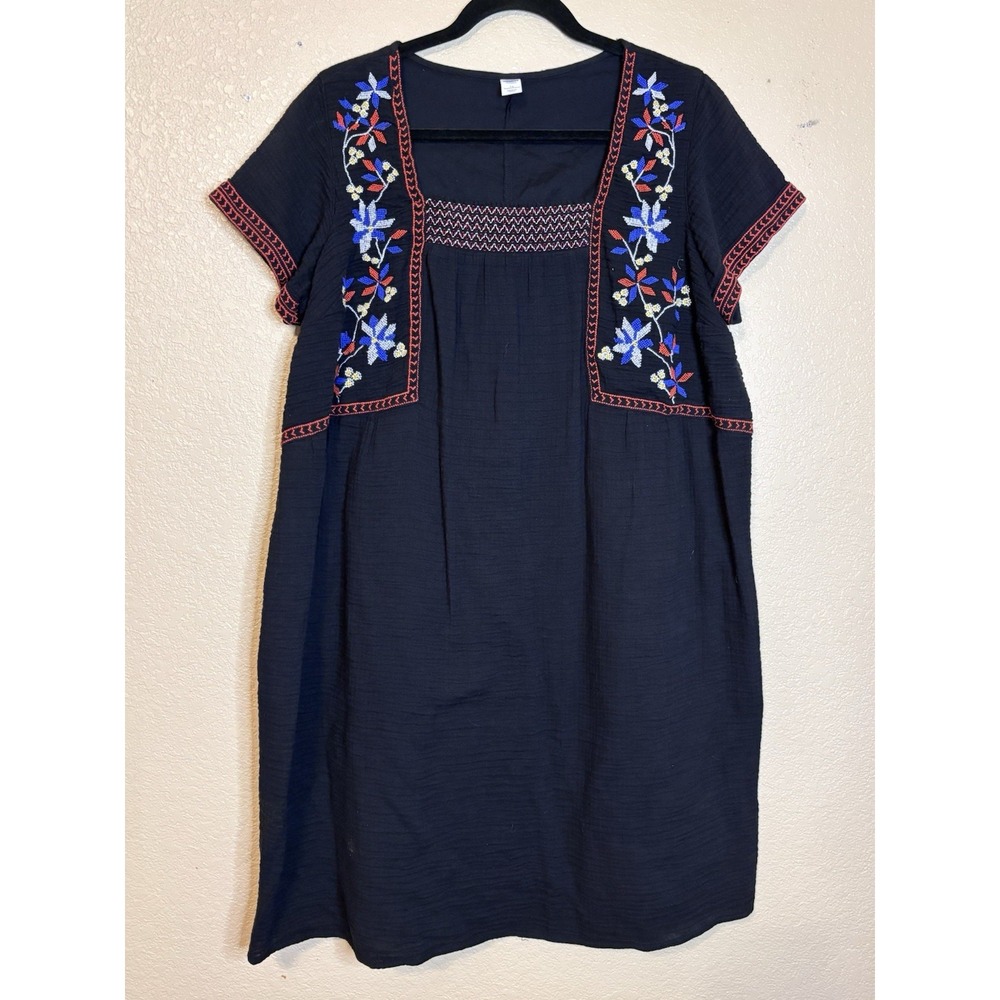 Old Navy Navy Embroidered Midi Dress with Multicolor Floral Accents